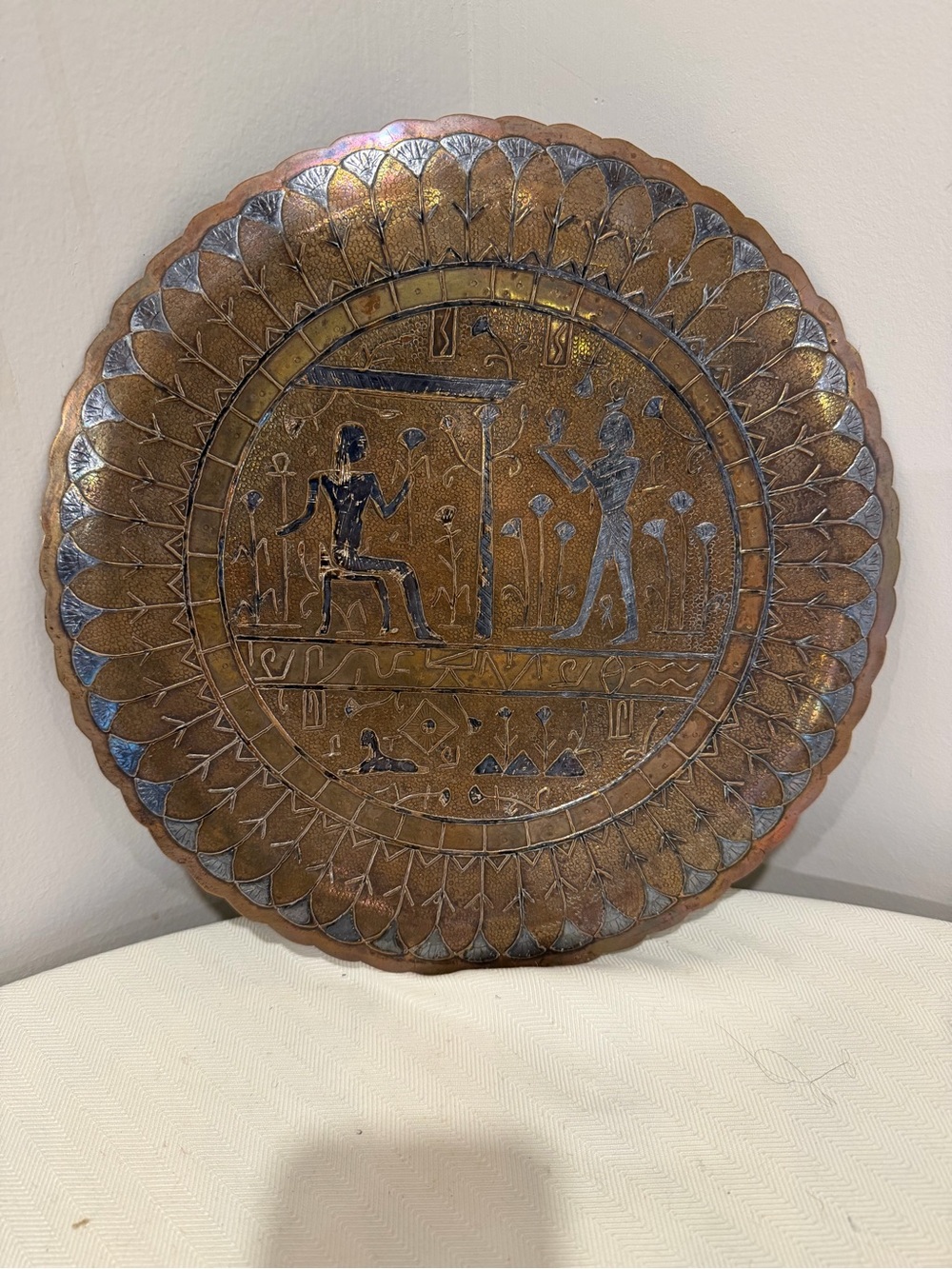 Vintage Handcrafted Copper Silver Inlay Pharoah Egyptian 12” Hanging Plate